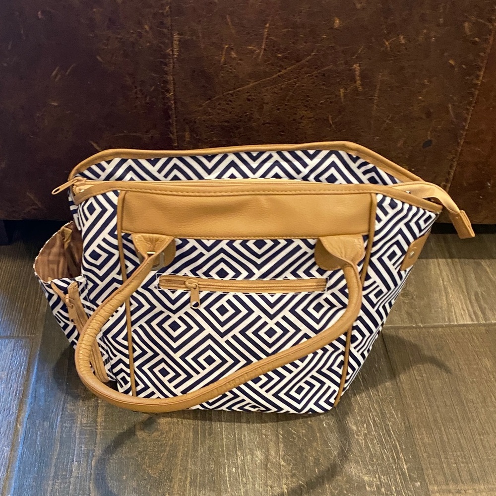 Geometric Patterned Tan and Dark Blue/Black Women's Bag